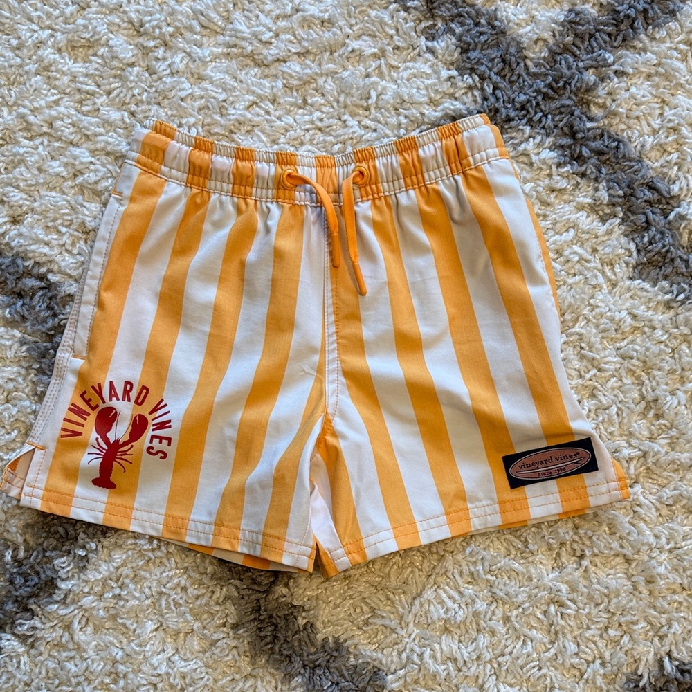 Vineyard Vines Orange and White Striped Printed Chappy Swim Trunks Boys size 5